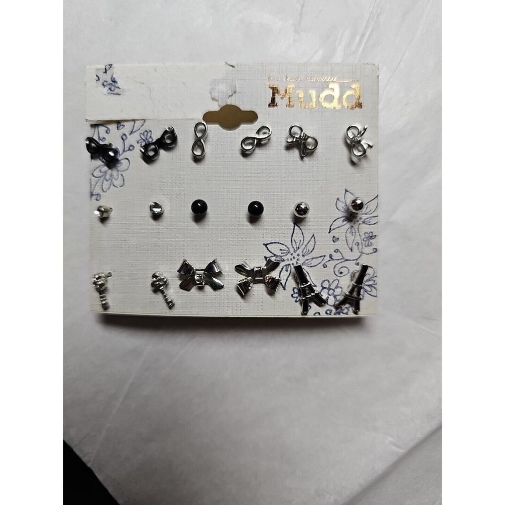 Mudd Earrings 6 Pair Silver-tone & Black Studs Glasses Key Bow‎ Eiffel Infinity